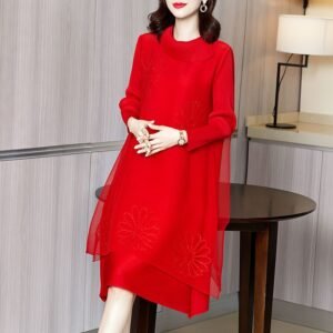 Miyake pleated red dress 2021 spring new high-end and stylish age reducing plus size slimming A-line dress：圖片 3