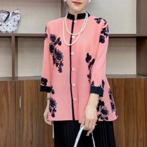 Elegant Autumn New Chinese style Top with Fleece Concealed Nine Cent Sleeve, Mom's Chinese Style Stand up Collar, Noble Print, Ethnic Style, Loose：圖片 4