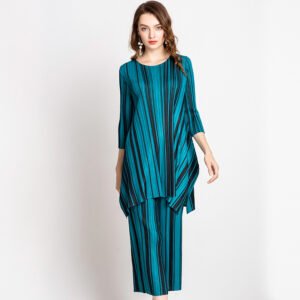 K80834- Color blocked vertical stripe set with three quarter sleeves, high-end fashion two-piece set：圖片 4