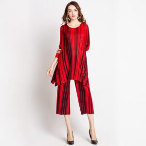 K80834- Color blocked vertical stripe set with three quarter sleeves, high-end fashion two-piece set：圖片 7