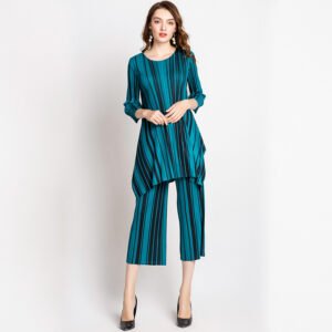 K80834- Color blocked vertical stripe set with three quarter sleeves, high-end fashion two-piece set：圖片 8