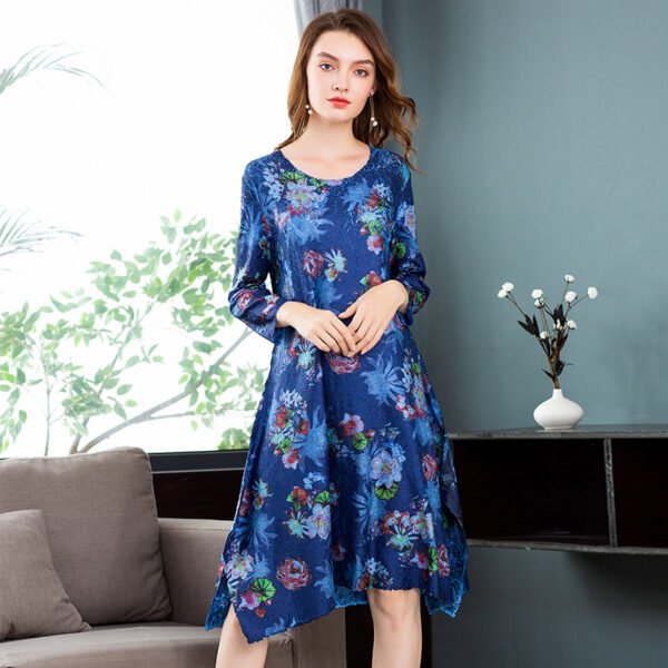 K80924 high-end boutique digital flower dress, Jia Ning's new 18 year old pleated craft round neck large swing dress