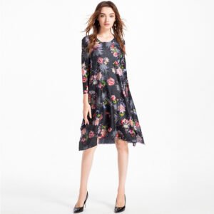 K80924 high-end boutique digital flower dress, Jia Ning's new 18 year old pleated craft round neck large swing dress：圖片 5
