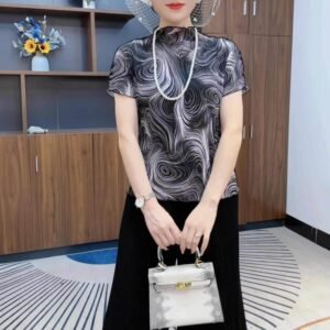 Summer new high neck printed base slim fit fashionable short sleeved spiral short sleeved top