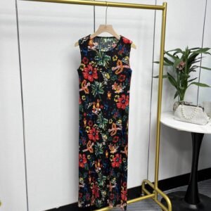 Tailored sleeveless dress with fashionable printed temperament, summer women's floral round neck printed tassel skirt, color slimming