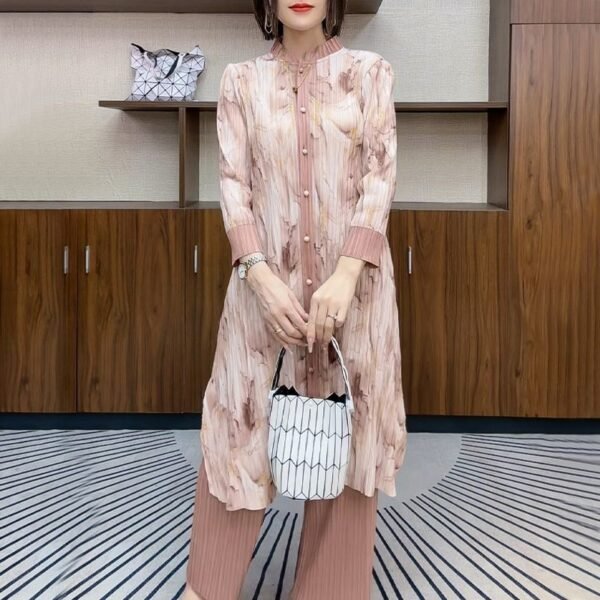 Miyake 2024 New Fashion Set Women's Medium Long Long Sleeve Round Neck Top Small and Versatile Two piece New Year's Dress