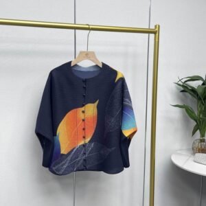 New pleated loose and versatile printed round neck cardigan with 13 leaf button top and batwing sleeves, stylish and stylish：圖片 4