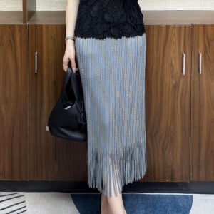 Wrinkled high waist temperament simple women's clothing elastic waistband medium long gold wire tassel skirt looks slim, wraps buttocks and sparkles：圖片 3