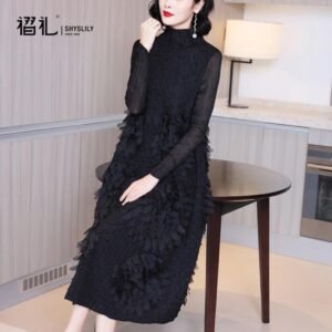 High end Coat Dress 2021 Spring and Autumn New Fashion Aging Reduction Large Red Long sleeved Bottom Skirt Medium length：圖片 5