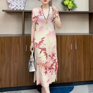 Round neck temperament, summer short sleeved new style, slimming, mid length, high-end loose dress, ink wash bamboo fashion, mom：圖片 3