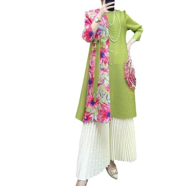 New Spring And Summer Large Size Loose Slim Button Medium Length Mm Dress Pink Flower Splicing Cardigan Skirt