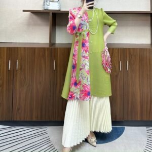 New Spring And Summer Large Size Loose Slim Button Medium Length Mm Dress Pink Flower Splicing Cardigan Skirt：圖片 5