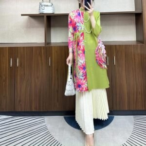 New Spring And Summer Large Size Loose Slim Button Medium Length Mm Dress Pink Flower Splicing Cardigan Skirt：圖片 4