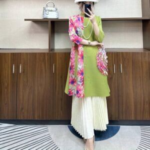 New Spring And Summer Large Size Loose Slim Button Medium Length Mm Dress Pink Flower Splicing Cardigan Skirt：圖片 2