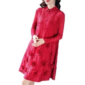 New Style Heavy Embroidery Women's Dress 13 Roses Temperament Commuting Elegant Style Round Neck Long Sleeves Mid-Length Skirt：圖片 5