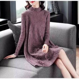 New Style Heavy Embroidery Women's Dress 13 Roses Temperament Commuting Elegant Style Round Neck Long Sleeves Mid-Length Skirt