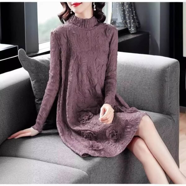 New Style Heavy Embroidery Women's Dress 13 Roses Temperament Commuting Elegant Style Round Neck Long Sleeves Mid-Length Skirt