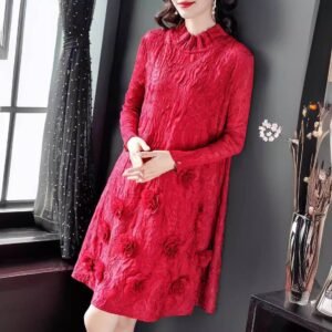 New Style Heavy Embroidery Women's Dress 13 Roses Temperament Commuting Elegant Style Round Neck Long Sleeves Mid-Length Skirt：圖片 4