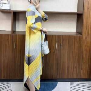 New Style Pullover Literary Loose Plus Size Women's Round Neck Pullover Slit Long Dress Lemon Yellow Kk Printed Skirt：圖片 3