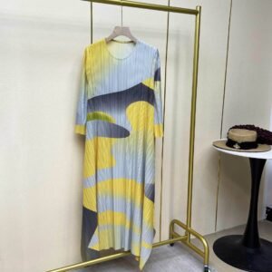 New Style Pullover Literary Loose Plus Size Women's Round Neck Pullover Slit Long Dress Lemon Yellow Kk Printed Skirt：圖片 4