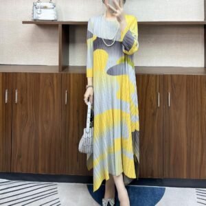 New Style Pullover Literary Loose Plus Size Women's Round Neck Pullover Slit Long Dress Lemon Yellow Kk Printed Skirt：圖片 5