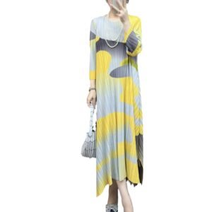 New Style Pullover Literary Loose Plus Size Women's Round Neck Pullover Slit Long Dress Lemon Yellow Kk Printed Skirt：圖片 6