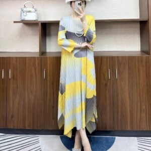 New Style Pullover Literary Loose Plus Size Women's Round Neck Pullover Slit Long Dress Lemon Yellow Kk Printed Skirt