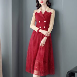 Noblewoman French Socialite Temperament Mesh Dress Spring New Style Pleated Large Size Long Skirt Temperament Elegant And Foreign：圖片 4