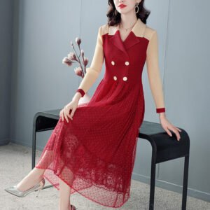Noblewoman French Socialite Temperament Mesh Dress Spring New Style Pleated Large Size Long Skirt Temperament Elegant And Foreign：圖片 5