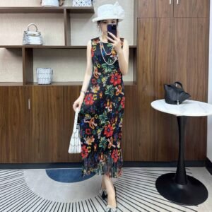K231217 popular new round neck long vest skirt sleeveless printed tassel dress：圖片 7