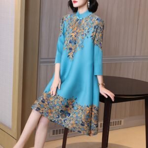 Jianing Vintage Loose Fashion Versatile Medium length China-Chic Blue and White Porcelain Dress Temperament Commuter A-line Dress Loose：圖片 12