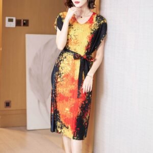 K221111 Folded Dress 2022 Summer New Colorful Belt Skirt V-neck Women's Dress Fashion：圖片 10