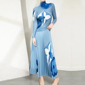 New popular slim fit style, medium to long corn fold print set, skirt and top set, elegant commuting style