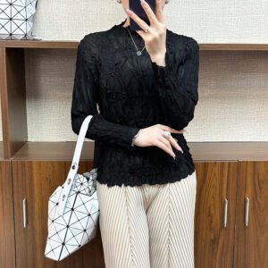 Jia Ning's new breathable pullover oversized slim fit elastic women's long sleeved shirt with a semi high collar and hand held floral long sleeved top：圖片 9