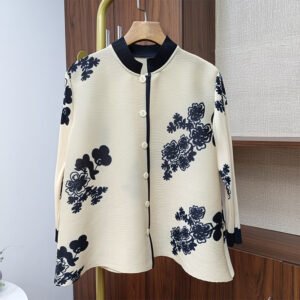 High end contrasting printed stand up collar pleated shirt with loose nine quarter sleeves and single breasted top for women, summer and autumn new style：圖片 9