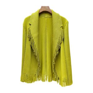 High end three bedroom suit collar, tassel long sleeved pleated jacket, casual versatile buttonless cardigan top, women's autumn new style：圖片 6