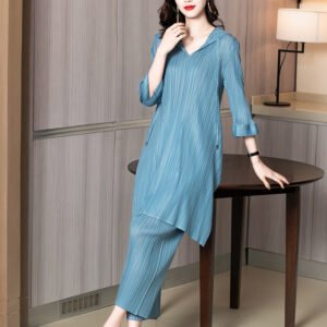 Wrinkle set, new loose, age reducing, flesh blocking, plus size, stylish, simple, pleated two-piece set for women K200922：圖片 7