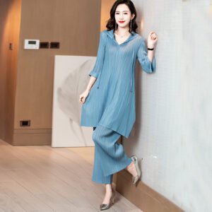 Wrinkle set, new loose, age reducing, flesh blocking, plus size, stylish, simple, pleated two-piece set for women K200922：圖片 8