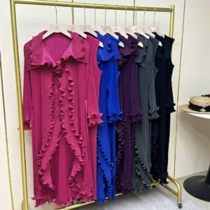 Jia Ning's new western-style plus size solid color women's long two-piece set with lapel and mushroom edge skirt set：圖片 3