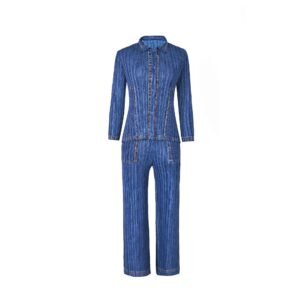 K221117 Jia Ning pleated fashionable denim color suit top set, Japanese and Korean casual 9-quarter sleeve commuting city：圖片 8