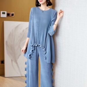 L229143 New Loose and Versatile Wide Leg Pants Fashion Ear Edge Set Pants Top Set Simple and Casual：圖片 9