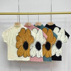 Z230410 New High Collar Outer Short Summer Sunflower Corn Fold Top Short Sleeve T-shirt Art Retro Style：圖片 4