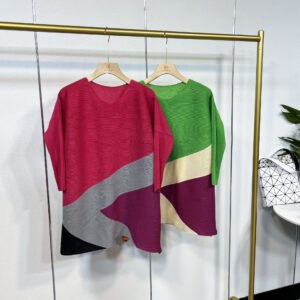 KW0010 temperament versatile and fashionable round neck contrasting color splicing diagonal triangle top