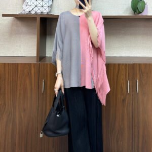 Jia Ning pleated round neck plus size slimming loose fitting pullover simple women's casual color blocked tassel top：圖片 3
