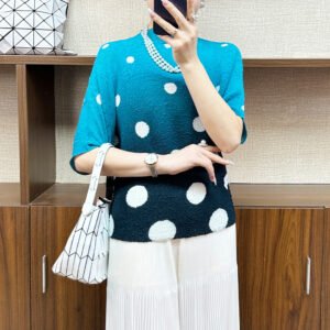 Explosive gradient color polka dot pleated print five quarter sleeve T-shirt for women's summer temperament, slimming casual top, fashionable：圖片 10