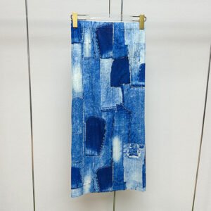 Women's midi skirt with fashionable summer slit print skirt, denim blue skirt, versatile retro long style, slim fit：圖片 6