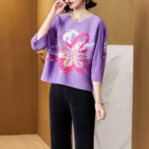New pleated plus size loose print big flower hot stamping top with fresh and sweet pullover, loose and versatile seven quarter sleeves：圖片 9