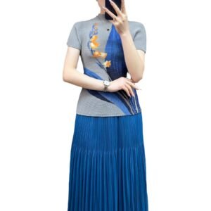 Jia Ning Summer Leisure Large Cap Elastic Women's High Collar Slim Fit Printed Fashion Orchid Lotus Corn Fold Top：圖片 6