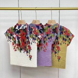 Jia Ning's new style versatile and fashionable round neck high neck short sleeved slim fit fragmented graffiti corn pleated top：圖片 3