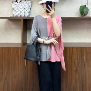 Jia Ning pleated round neck plus size slimming loose fitting pullover simple women's casual color blocked tassel top：圖片 4